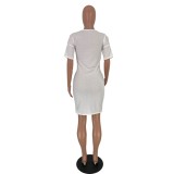 White O-Neck Sheer Pocket T-Shirt Dress