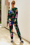 Long Sleeves Tropical Print Two Piece Leisure Pants Set