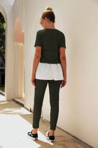 Olive layered Contrast Two Piece Leisure Pants Set