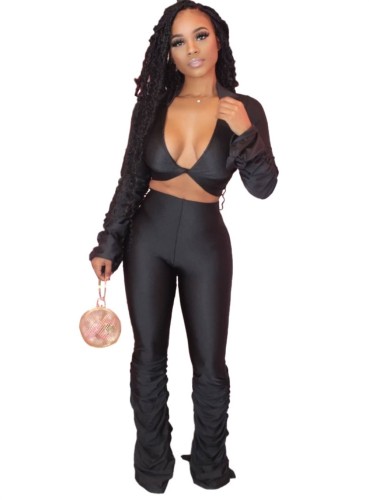 Black  Sheer Two Piece Stacked Pants Set
