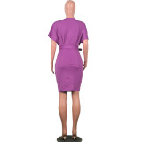 Purple Short Sleeve Office Dress with Belt
