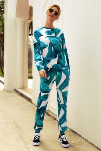 White Long Sleeves Leaf Print Two Piece Leisure Pants Set