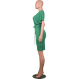 Green Short Sleeve Waist Tie Office Dress