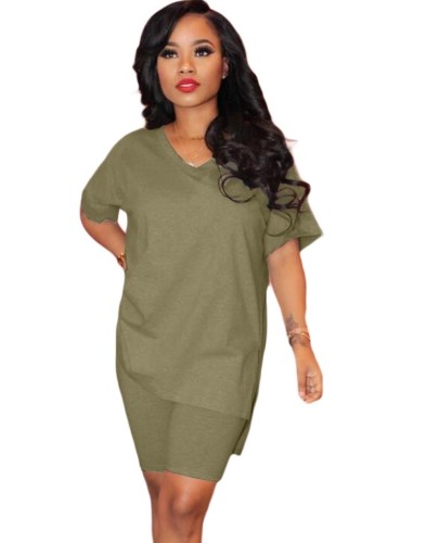 Army Green Slit Sides High Low Hem Two Piece Shorts set