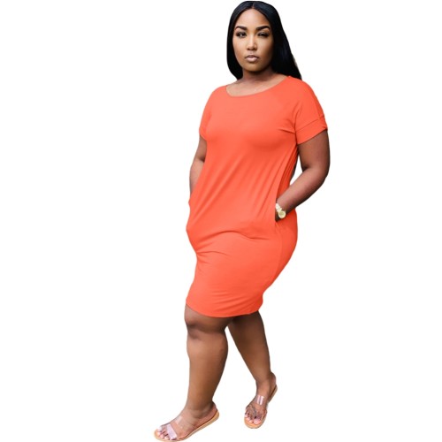 Orange Pocket O-Neck  T-Shirt Dress