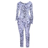 Long Sleeves Leopard Print Two Piece Leisure Pants Set