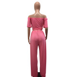Sexy Pink Knot Crop Top & Slit Wide-Leg Pants Set