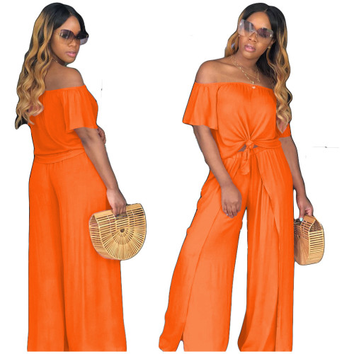 Orange Sexy Knot Crop Top & Slit Wide-Leg Pants Set