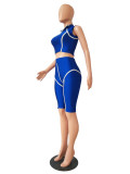 Blue Stand Collar Contrast Piping Crop Top & Short Set