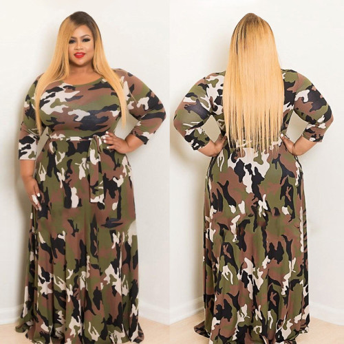 Plus Size Green Camo Waist Tie Maxi Dress