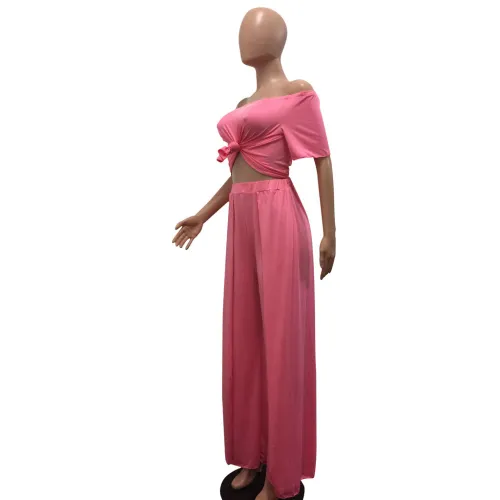 Sexy Pink Knot Crop Top & Slit Wide-Leg Pants Set