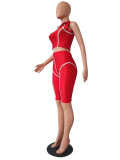 Red Stand Collar Contrast Piping Crop Top & Short Set