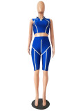 Blue Stand Collar Contrast Piping Crop Top & Short Set