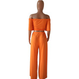 Orange Sexy Knot Crop Top & Slit Wide-Leg Pants Set