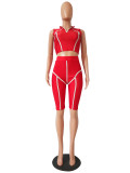 Red Stand Collar Contrast Piping Crop Top & Short Set