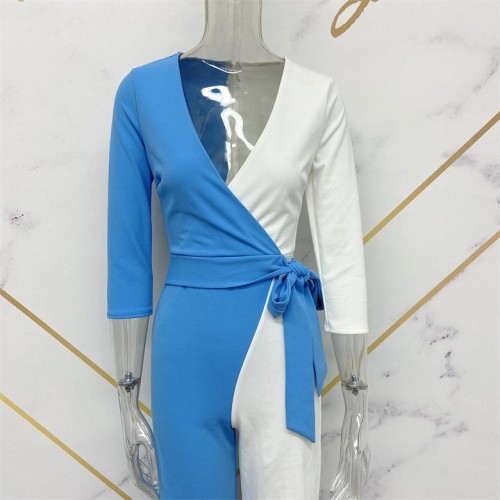 Blue & White Deep V Tie Waist Jumpsuit