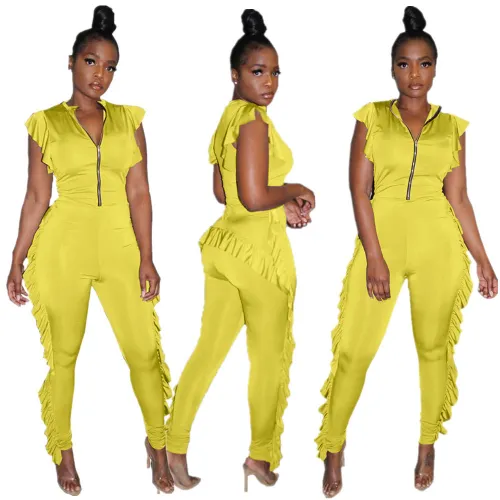 Yellow Frill Sides Zip Up Flutter Jumpsuit