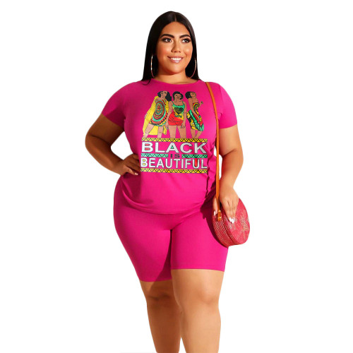Plus Size Print Hot Pink Two Piece Shorts Set