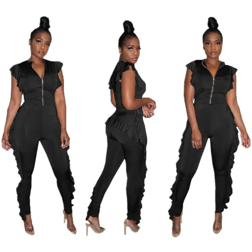 Black Frill Sides Zip Up Flutter Jumpsuit