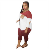 Plus Size Patchwork V Neck Two Piece Pants Set