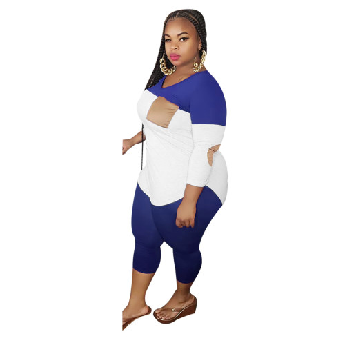 V Neck Colorblock Plus Size Two Piece Pants Set