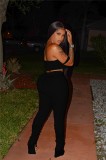 Black Strap Crop Top with Drawstring  Ruched Pants
