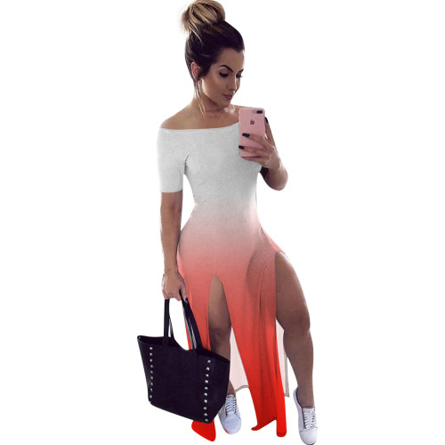 Gradient Red Off Shoulder Slit Maxi Dress