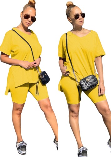 Yellow Casual Slit T Shirt & Shorts Set