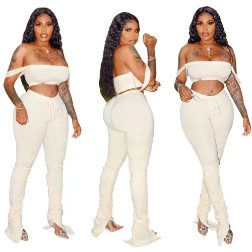 Cream Strap Crop Top with Drawstring  Ruched Pants