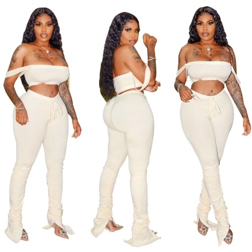 Cream Strap Crop Top with Drawstring  Ruched Pants