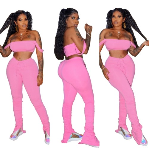 Pink Strap Crop Top with Drawstring  Ruched Pants