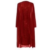 Red Wide Strap Lace Dress with Chiffon Cardigan