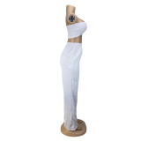 White Strapless Shirred Bandeau & Wide Pants Set