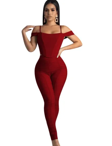 Wine red Straps Crop Top and Ruched Pants