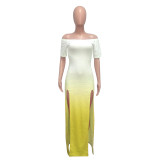 Graident Yellow Off Shoulder Slit Maxi Dress
