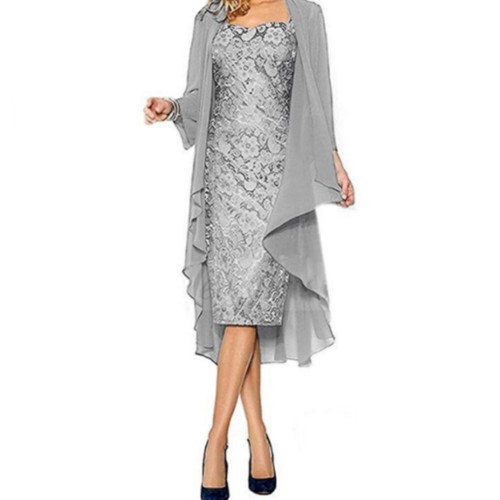 Gray Wide Strap Lace Dress with Chiffon Cardigan