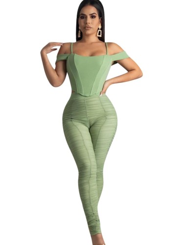Light green Straps Crop Top and Ruched Pants