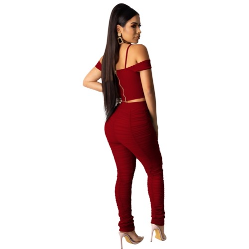 Wine red Straps Crop Top and Ruched Pants