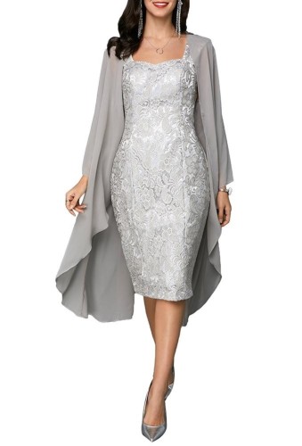 Gray Wide Strap Lace Dress with Chiffon Cardigan