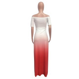 Gradient Red Off Shoulder Slit Maxi Dress