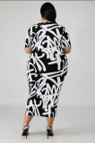 Black White Graffiti Print Plus Size Midi Dress