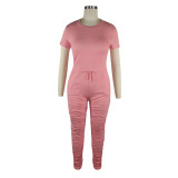 Pink Cotton Ruched Two Piece Pants Set
