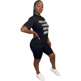 Black Letter Casual Two Piece Shorts Set