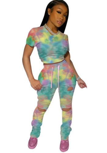 Multicolor Tie Dye Top with Ruched Cut Out Pants