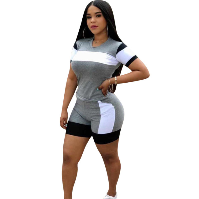 Colorblock Gray Oriented Sporty Two Piece Shorts Set