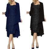 Navy Wide Strap Lace Dress with Chiffon Coat