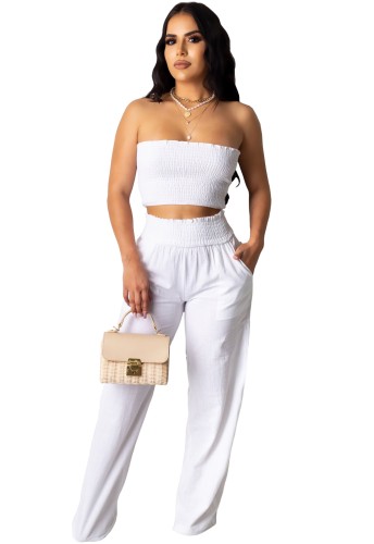 White Strapless Shirred Bandeau & Wide Pants Set