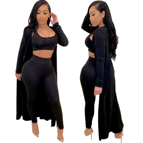 Black 3PCS Set Crop Top & Pants & Cardigan