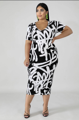 Black White Graffiti Print Plus Size Midi Dress