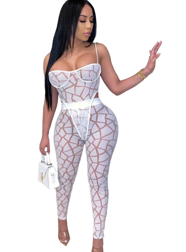 White Mesh Straps Bodysuit and Legging Set